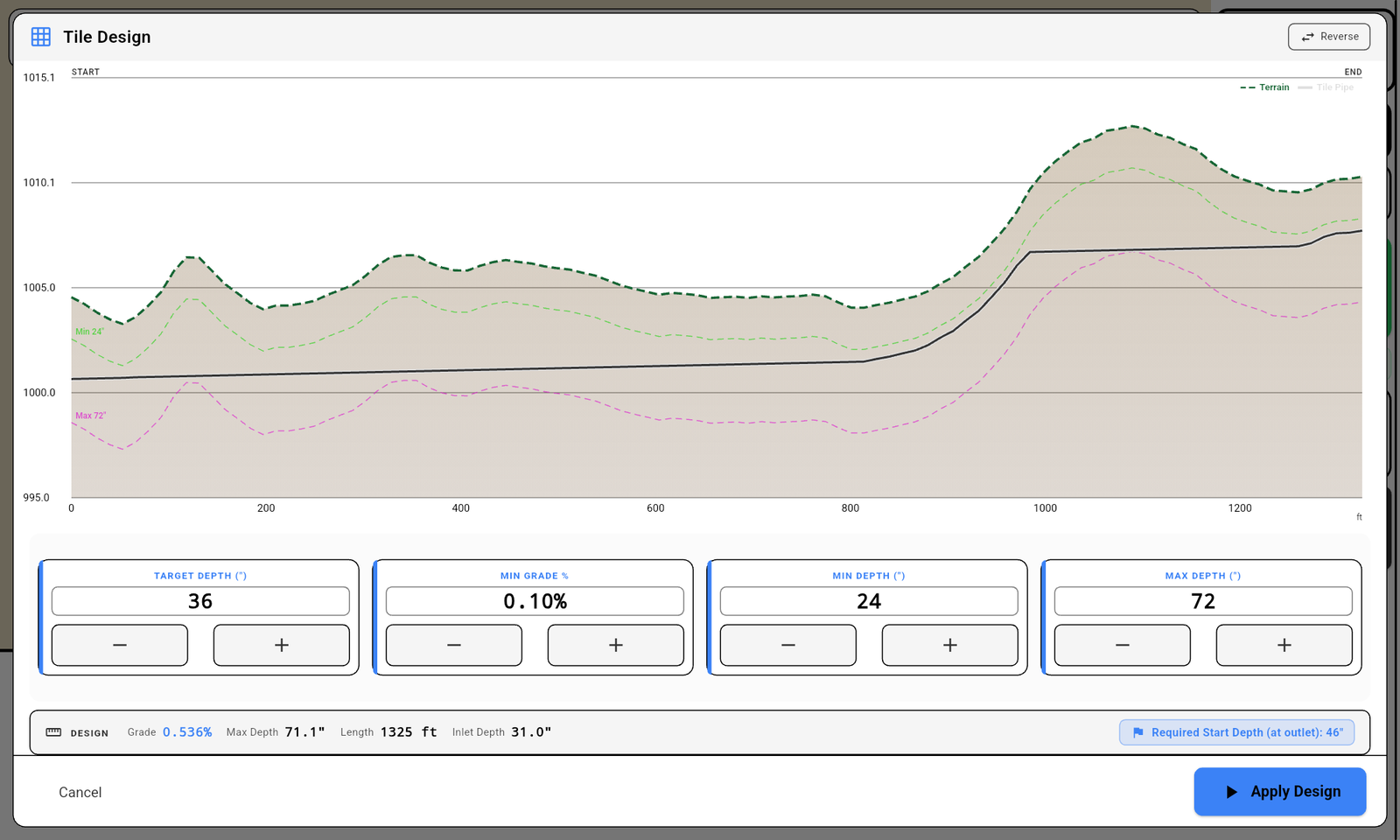 Tile-Best-Fit design screen showing the depth window controls