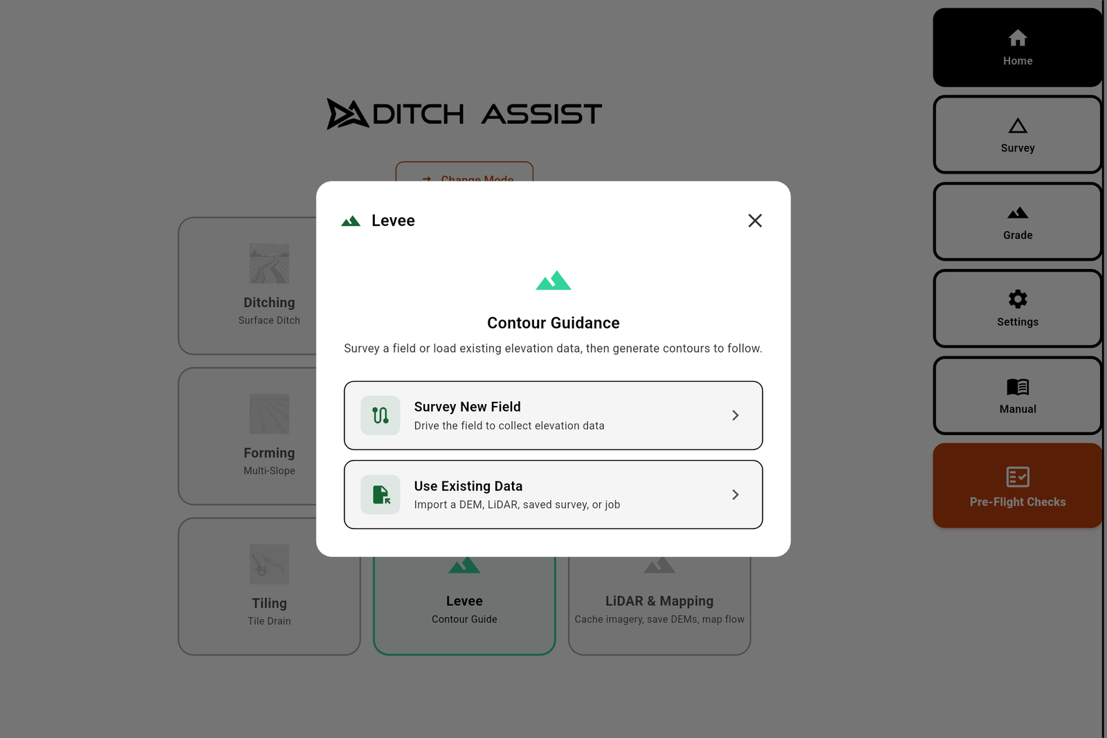 Ditch Assist Levee mode choice screen for surveying a new field or using existing elevation data