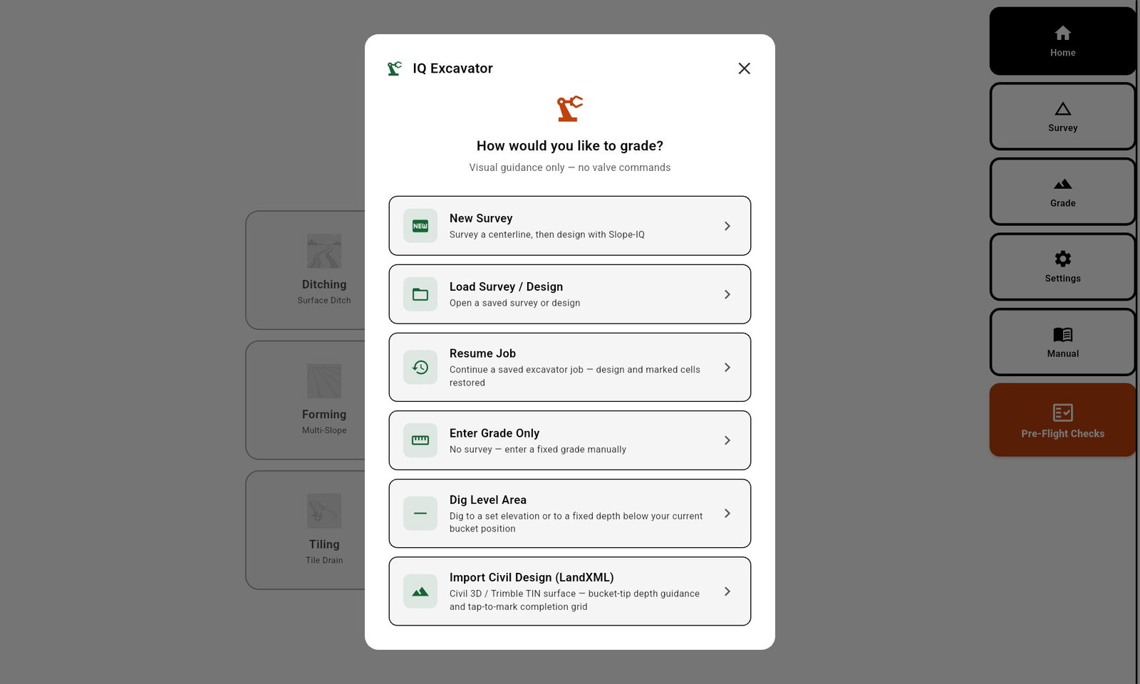 Ditch Assist Excavator mode options