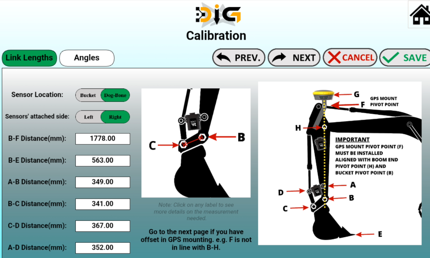 Ditch Assist DIG™ calibration screen